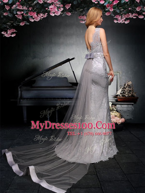 Backless Grey Sleeveless Watteau Train Lace and Belt With Train Prom Evening Gown