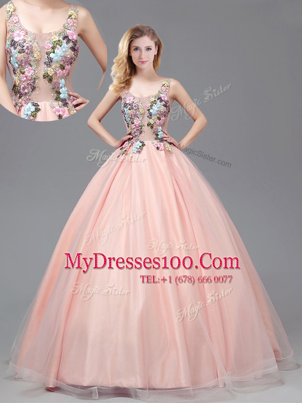 Latest See Through Straps Sleeveless Tulle Vestidos de Quinceanera Appliques Criss Cross
