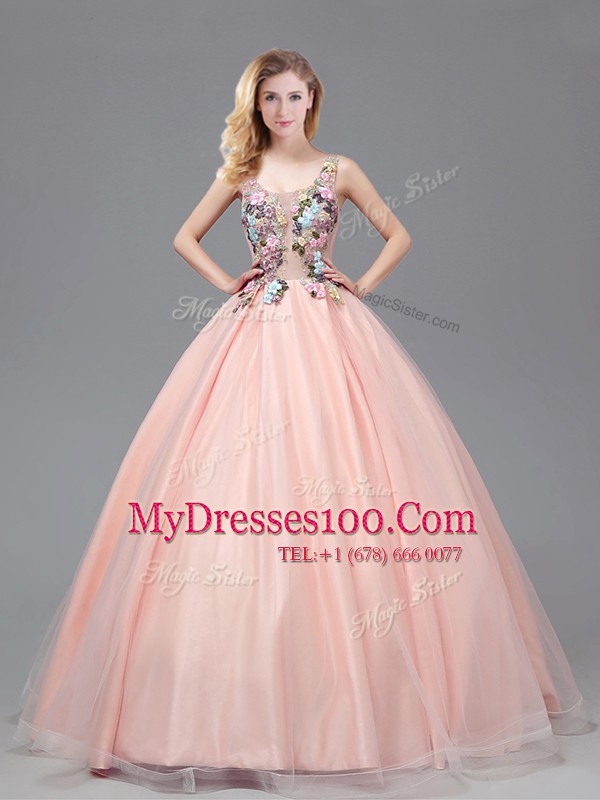 Latest See Through Straps Sleeveless Tulle Vestidos de Quinceanera Appliques Criss Cross