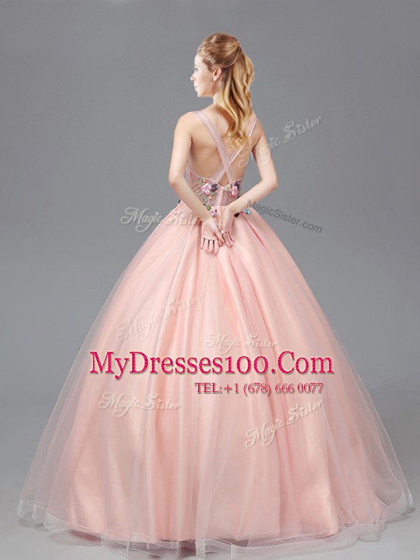 Latest See Through Straps Sleeveless Tulle Vestidos de Quinceanera Appliques Criss Cross