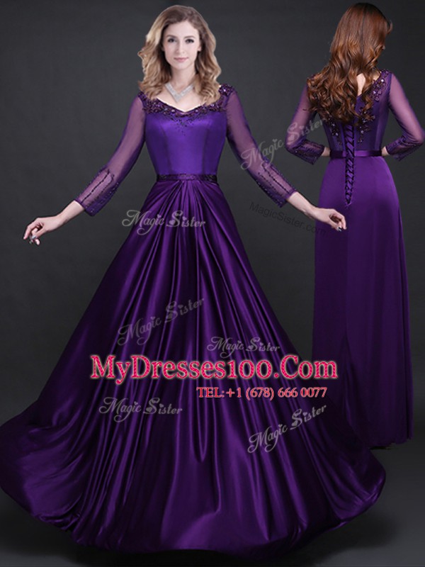 Cute Purple Long Sleeves Appliques and Belt Floor Length Mother Of The Bride Dress