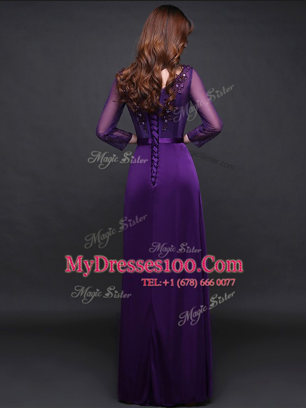 Cute Purple Long Sleeves Appliques and Belt Floor Length Mother Of The Bride Dress