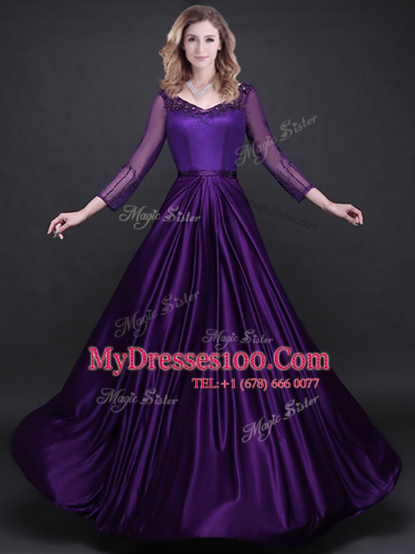 Cute Purple Long Sleeves Appliques and Belt Floor Length Mother Of The Bride Dress