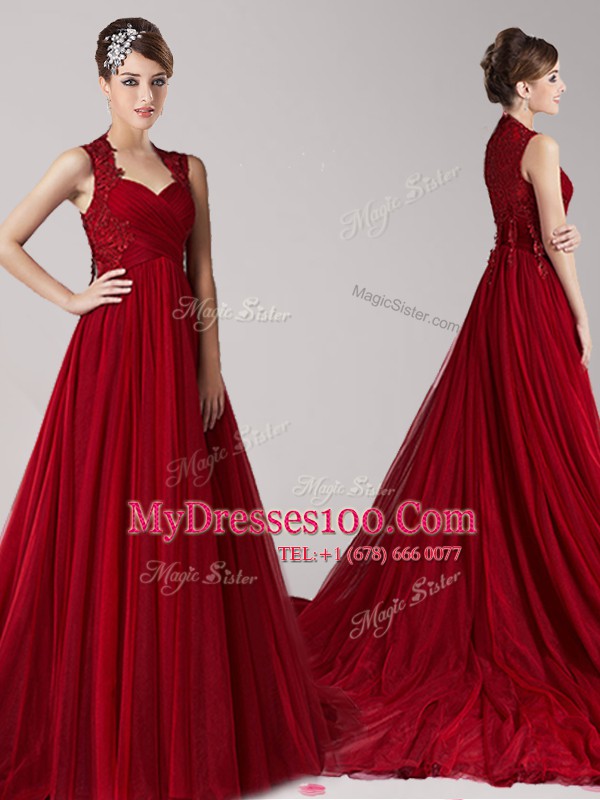 Wine Red Empire Tulle Straps Sleeveless Appliques Side Zipper Formal Dresses Court Train