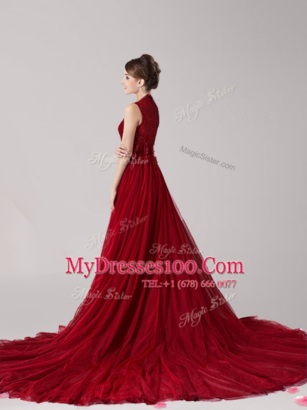 Wine Red Empire Tulle Straps Sleeveless Appliques Side Zipper Formal Dresses Court Train
