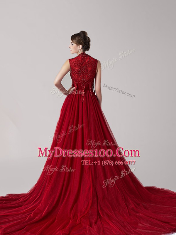 Wine Red Empire Tulle Straps Sleeveless Appliques Side Zipper Formal Dresses Court Train