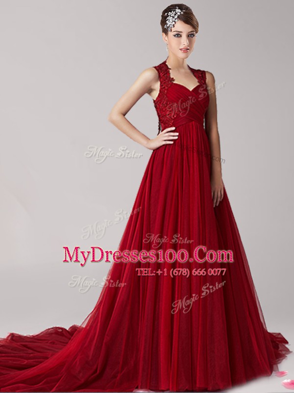 Wine Red Empire Tulle Straps Sleeveless Appliques Side Zipper Formal Dresses Court Train