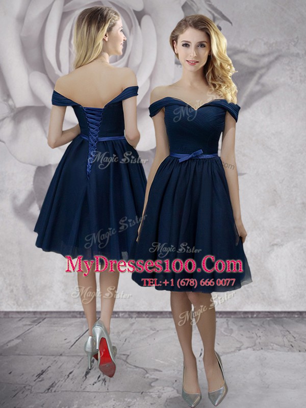 Top Selling Off the Shoulder Chiffon Sleeveless Knee Length Cocktail Dress and Bowknot