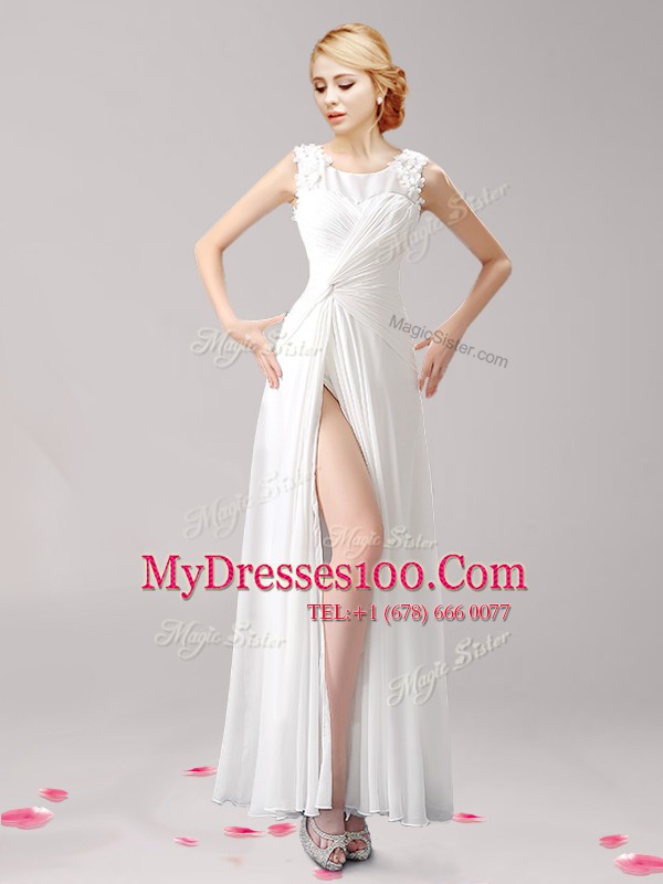 Extravagant Floor Length White Dress for Prom Scoop Sleeveless Zipper