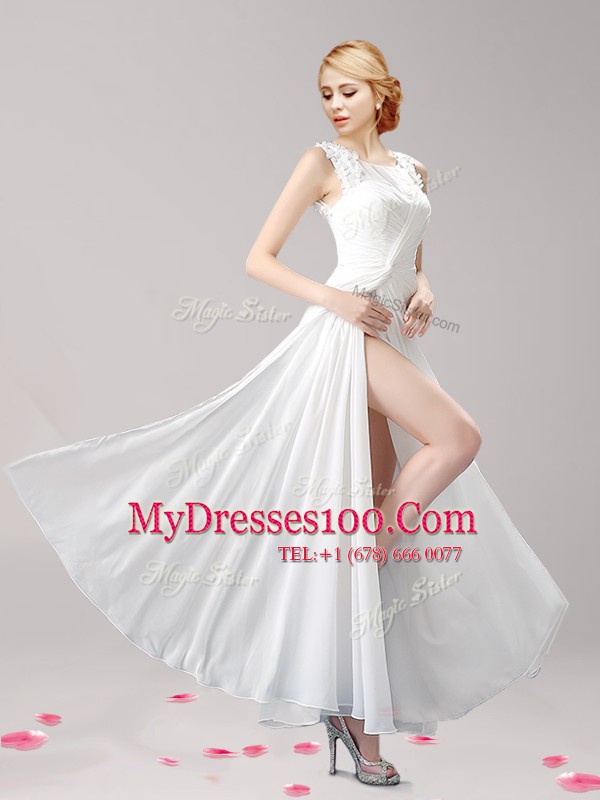 Extravagant Floor Length White Dress for Prom Scoop Sleeveless Zipper