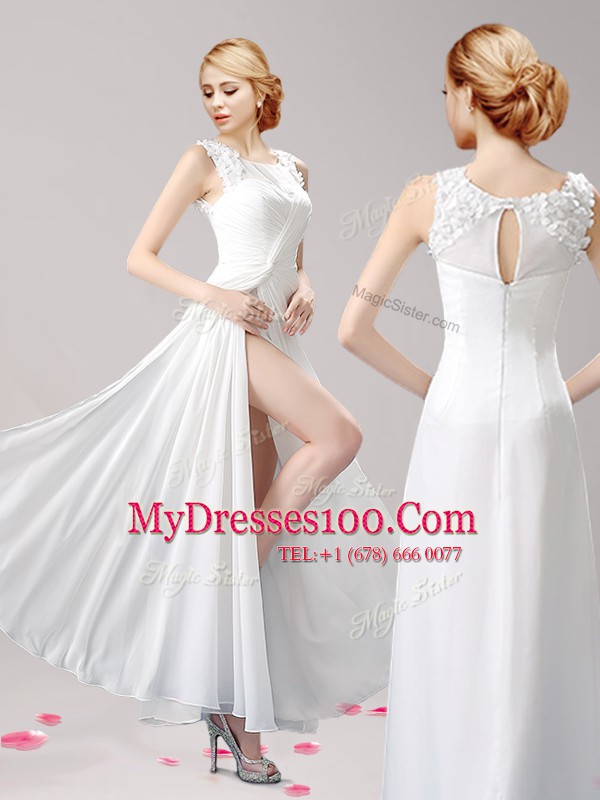 Extravagant Floor Length White Dress for Prom Scoop Sleeveless Zipper