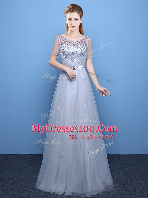 Decent Grey Evening Dresses Prom and For with Beading Scoop Short Sleeves Lace Up