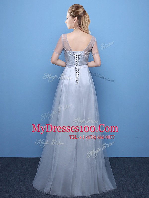 Decent Grey Evening Dresses Prom and For with Beading Scoop Short Sleeves Lace Up