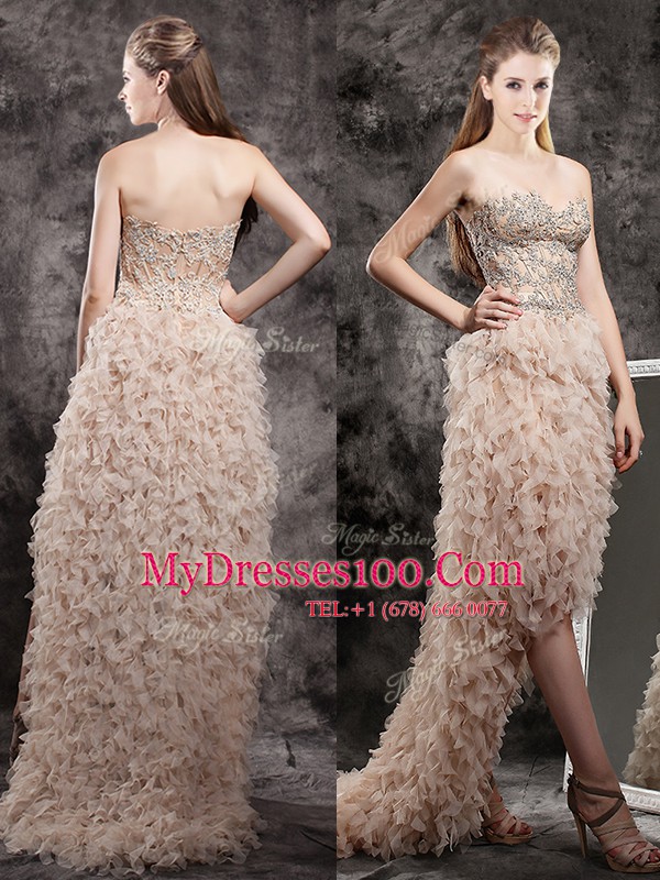 Champagne Empire Tulle Sweetheart Sleeveless Appliques and Ruffles High Low Zipper Ball Gown Prom Dress