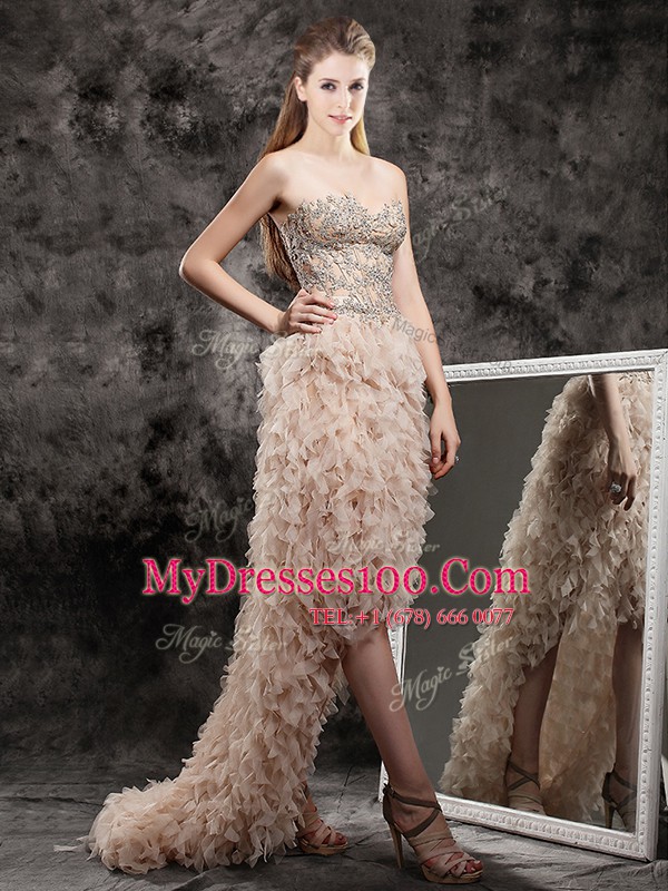 Champagne Empire Tulle Sweetheart Sleeveless Appliques and Ruffles High Low Zipper Ball Gown Prom Dress