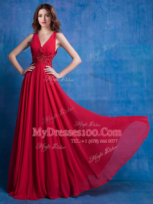 High Quality Floor Length Red Dress for Prom V-neck Sleeveless Backless