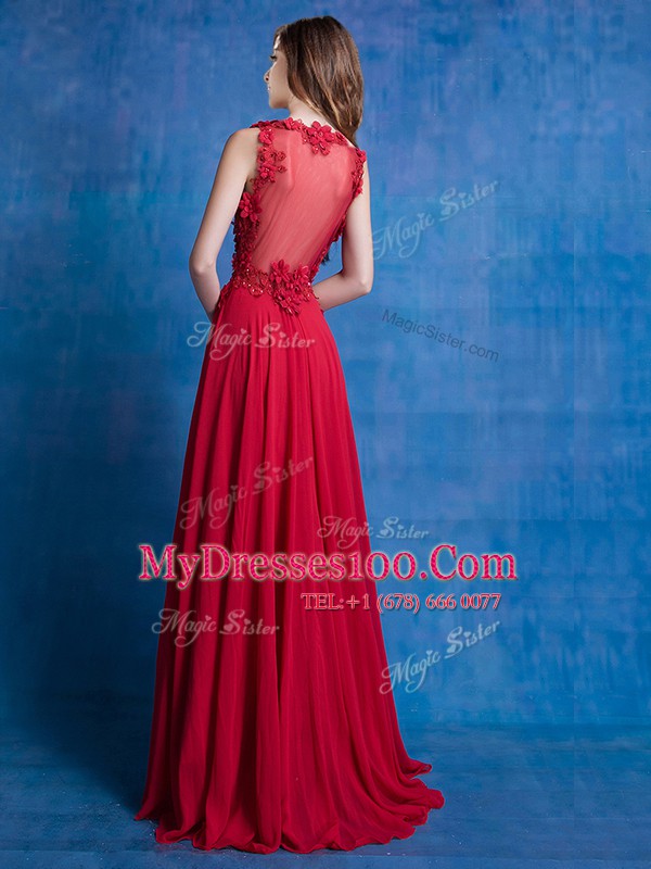 High Quality Floor Length Red Dress for Prom V-neck Sleeveless Backless