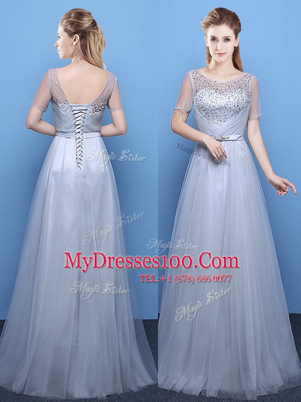 Scoop Tulle Short Sleeves Floor Length Prom Dress and Beading