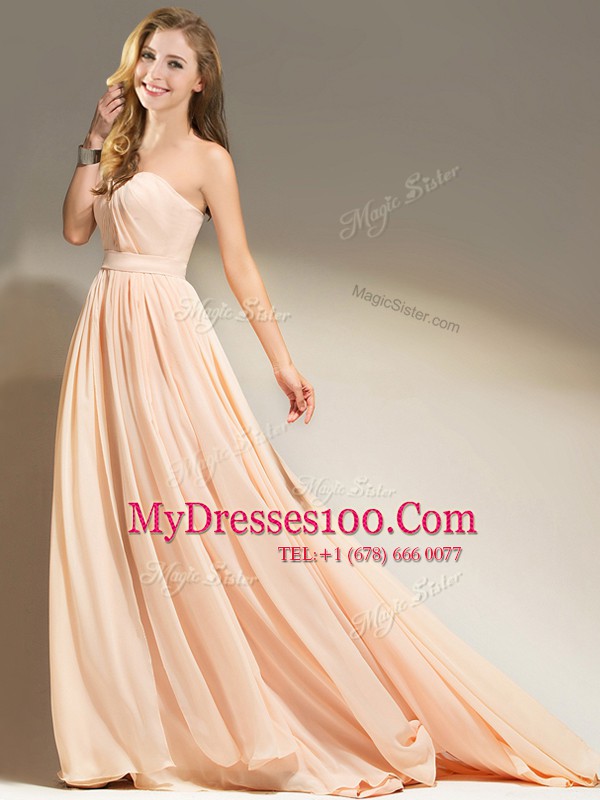 Peach Empire Chiffon Sweetheart Sleeveless Belt With Train Clasp Handle Homecoming Dress Brush Train
