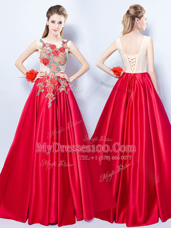 New Style Scoop Appliques Cocktail Dresses Red Lace Up Sleeveless Floor Length
