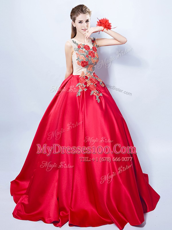 New Style Scoop Appliques Cocktail Dresses Red Lace Up Sleeveless Floor Length