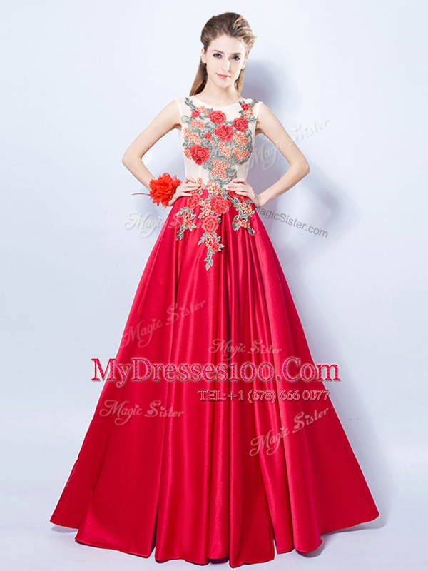 New Style Scoop Appliques Cocktail Dresses Red Lace Up Sleeveless Floor Length