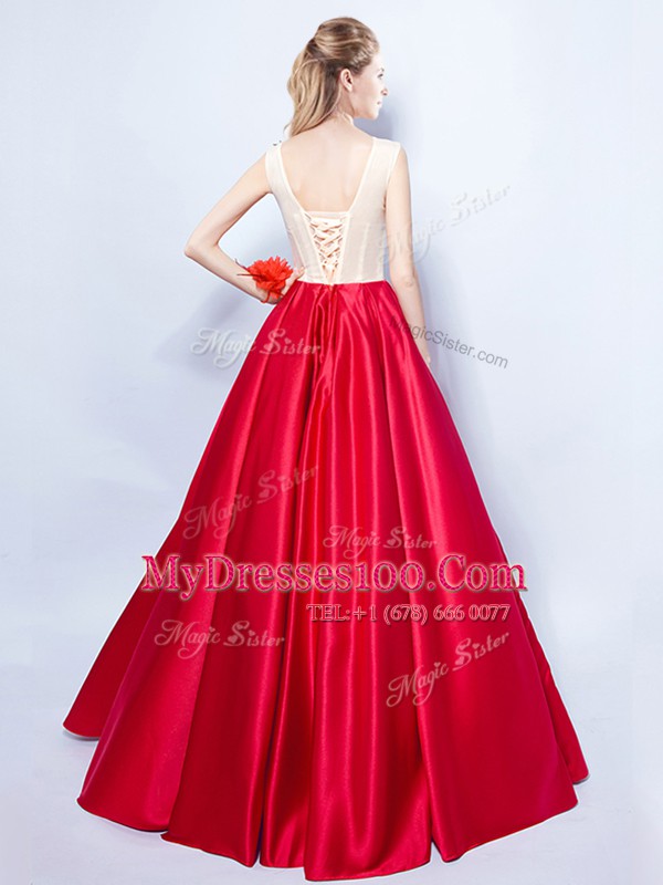 New Style Scoop Appliques Cocktail Dresses Red Lace Up Sleeveless Floor Length