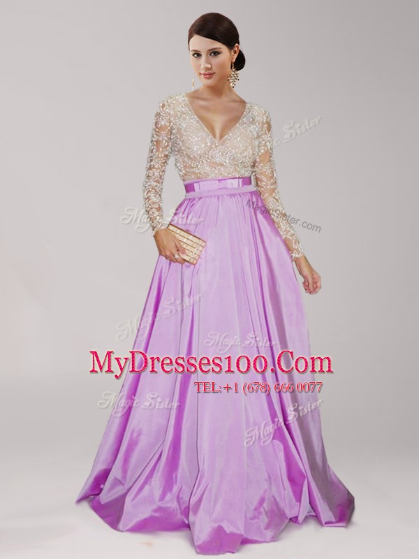 Spectacular Taffeta Long Sleeves Floor Length Homecoming Dress and Beading and Belt