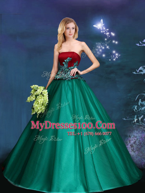 Dark Green Lace Up Strapless Appliques 15 Quinceanera Dress Satin and Tulle Sleeveless
