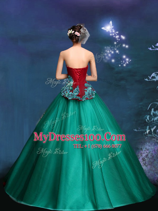 Dark Green Lace Up Strapless Appliques 15 Quinceanera Dress Satin and Tulle Sleeveless