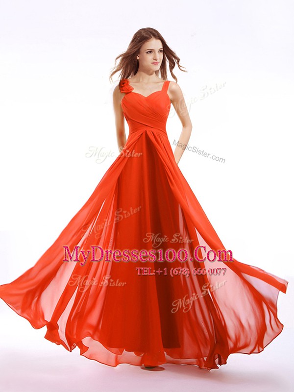 Orange Red Empire Chiffon Straps Sleeveless Hand Made Flower Floor Length Zipper Prom Party Dress