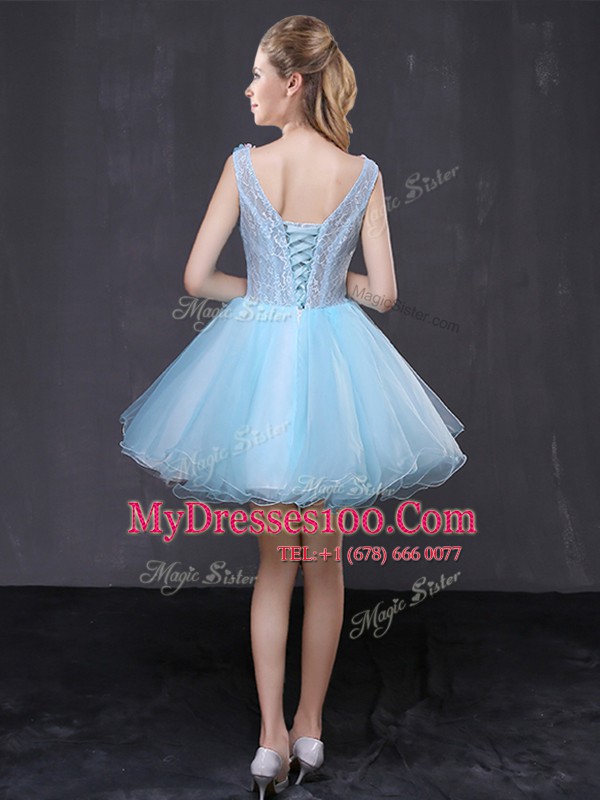 Affordable Baby Blue A-line V-neck Sleeveless Organza Mini Length Lace Up Hand Made Flower Cocktail Dresses