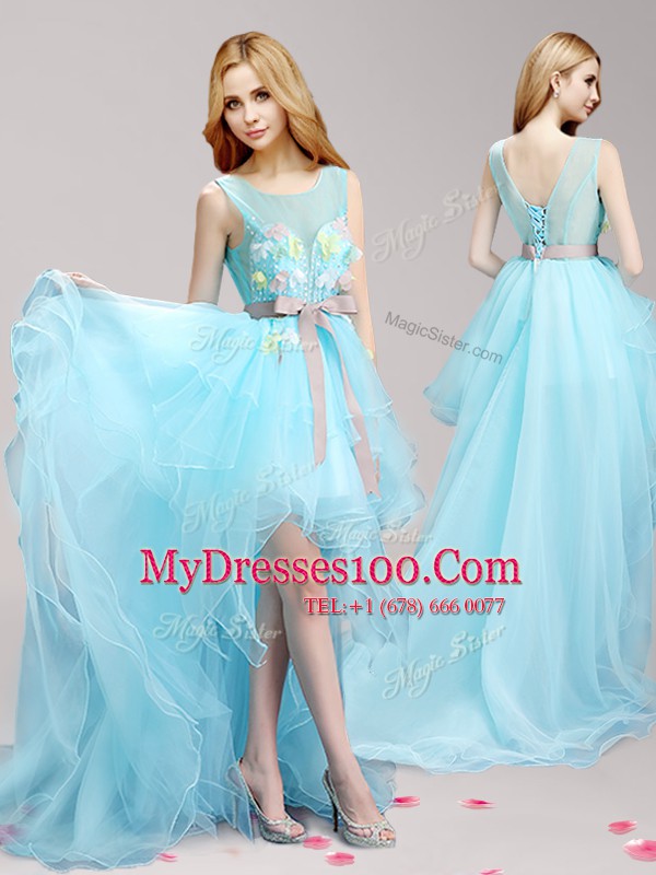 Aqua Blue Tulle Lace Up Scoop Sleeveless High Low Dress for Prom Appliques and Bowknot