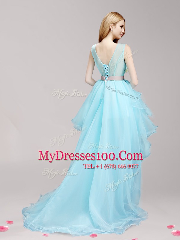 Aqua Blue Tulle Lace Up Scoop Sleeveless High Low Dress for Prom Appliques and Bowknot
