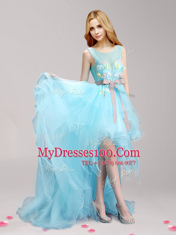 Aqua Blue Tulle Lace Up Scoop Sleeveless High Low Dress for Prom Appliques and Bowknot