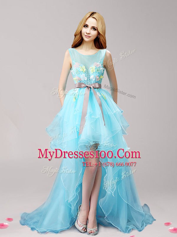 Aqua Blue Tulle Lace Up Scoop Sleeveless High Low Dress for Prom Appliques and Bowknot
