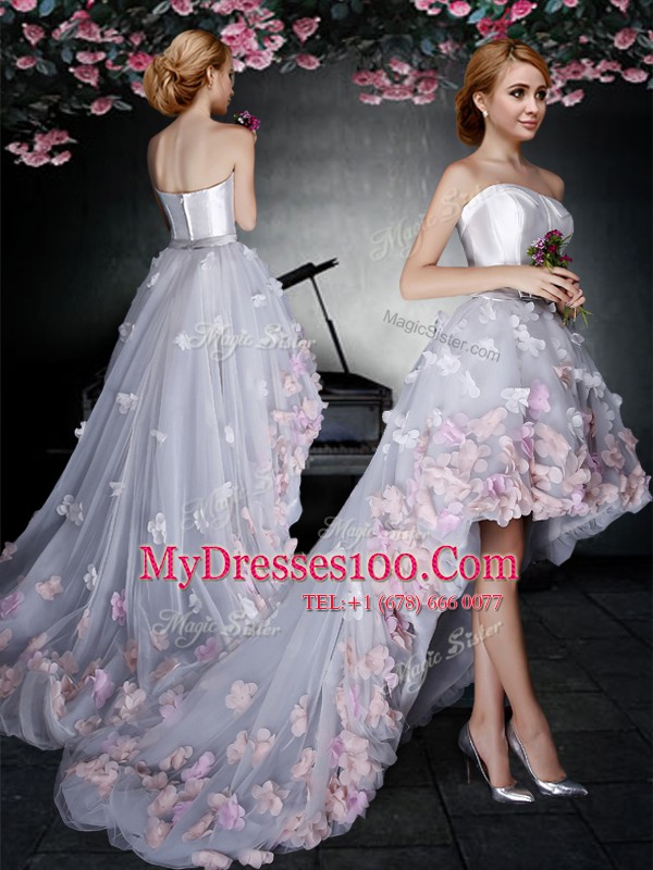 Sleeveless High Low Appliques Zipper Prom Party Dress with Grey