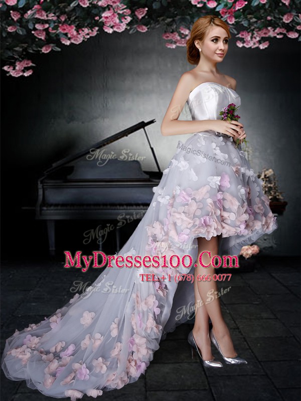 Sleeveless High Low Appliques Zipper Prom Party Dress with Grey