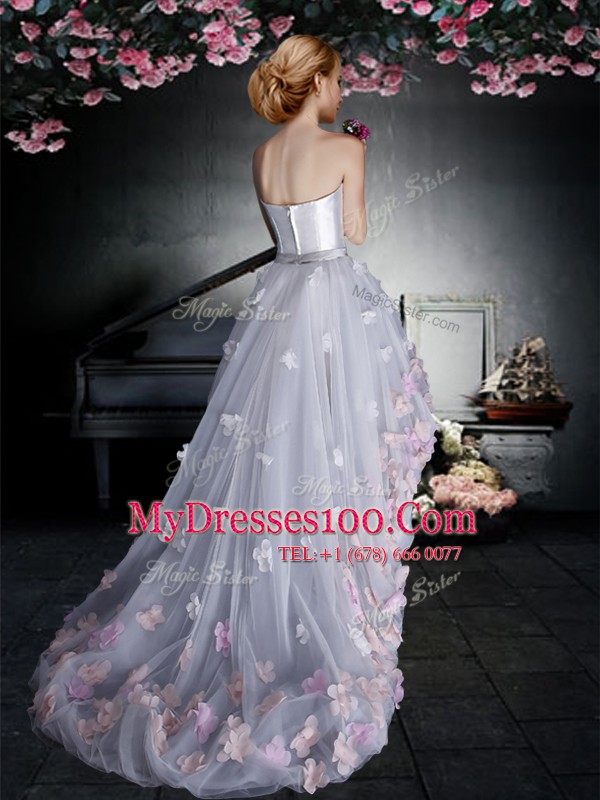 Sleeveless High Low Appliques Zipper Prom Party Dress with Grey