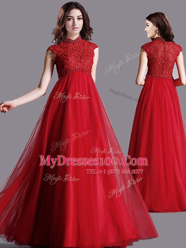 Most Popular High-neck Cap Sleeves Tulle Prom Dress Lace Zipper