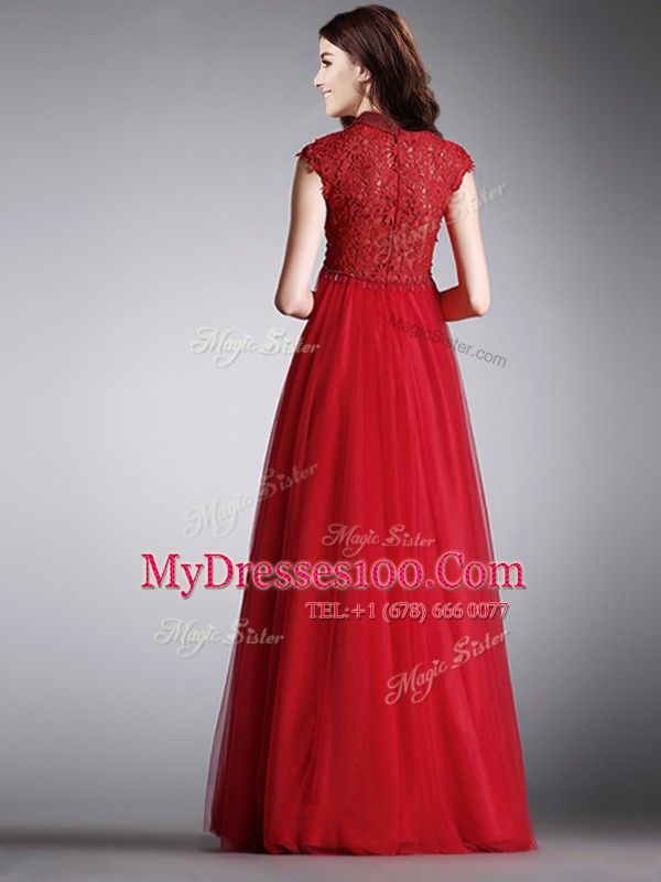 Most Popular High-neck Cap Sleeves Tulle Prom Dress Lace Zipper