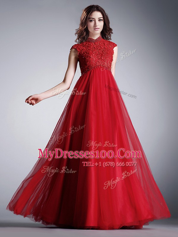 Most Popular High-neck Cap Sleeves Tulle Prom Dress Lace Zipper