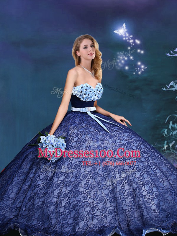 Glamorous Sleeveless Lace Lace Up Quinceanera Dress in Royal Blue with Appliques and Bowknot