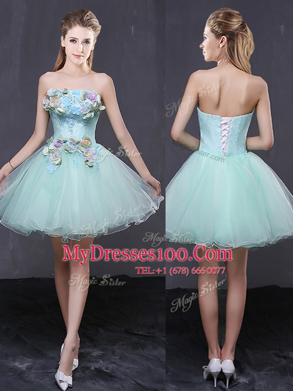Strapless Sleeveless Organza Going Out Dresses Hand Made Flower Lace Up