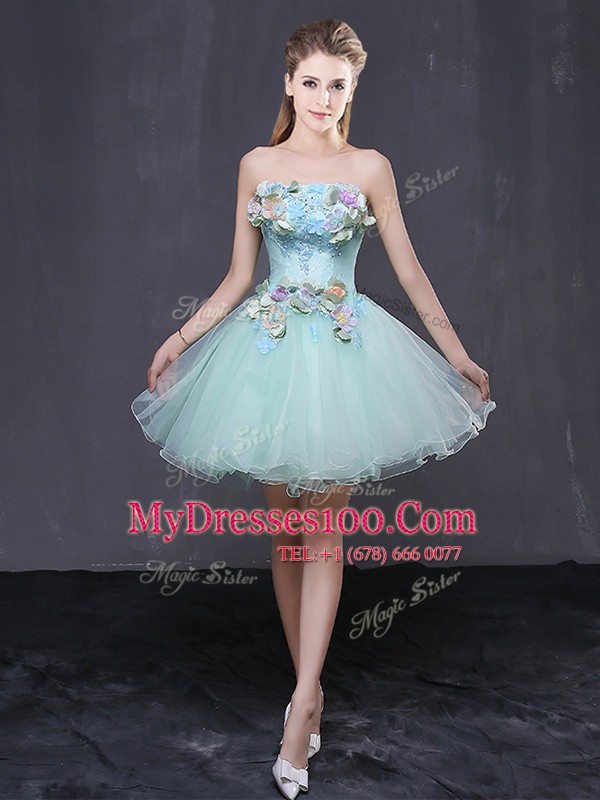 Strapless Sleeveless Organza Going Out Dresses Hand Made Flower Lace Up
