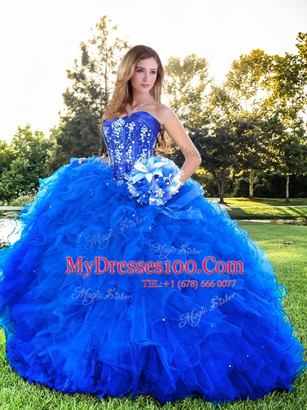 Smart Royal Blue Lace Up Ball Gown Prom Dress Beading and Ruffles Sleeveless Floor Length