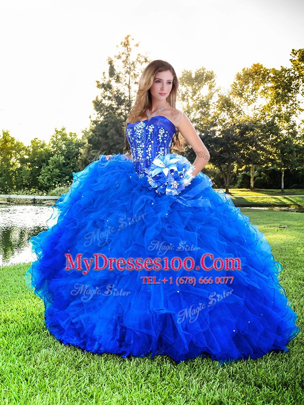 Smart Royal Blue Lace Up Ball Gown Prom Dress Beading and Ruffles Sleeveless Floor Length