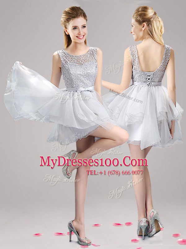 Scoop Sleeveless Lace Up Mini Length Lace and Ruffles and Bowknot Cocktail Dresses