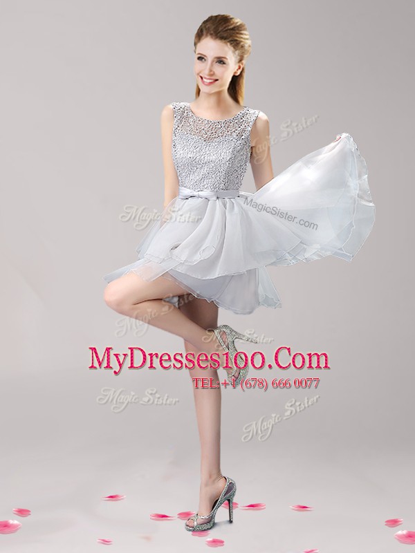 Scoop Sleeveless Lace Up Mini Length Lace and Ruffles and Bowknot Cocktail Dresses