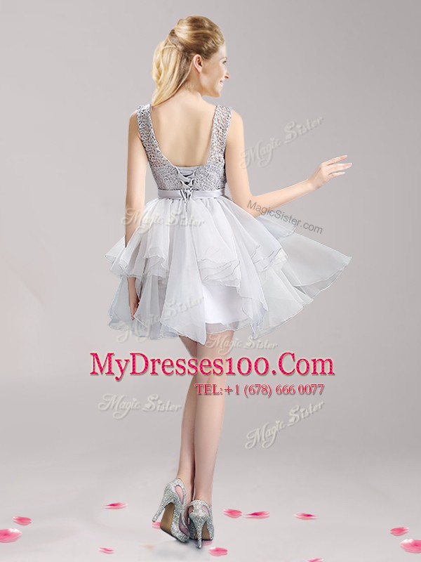 Scoop Sleeveless Lace Up Mini Length Lace and Ruffles and Bowknot Cocktail Dresses